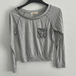 Light Gray Long-Sleeve Tee with Sequin Pocket